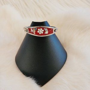 VIntage Mosaic Flower Abalone Shell Bangle Bracelet Made in‎ Mexico Silver 9740